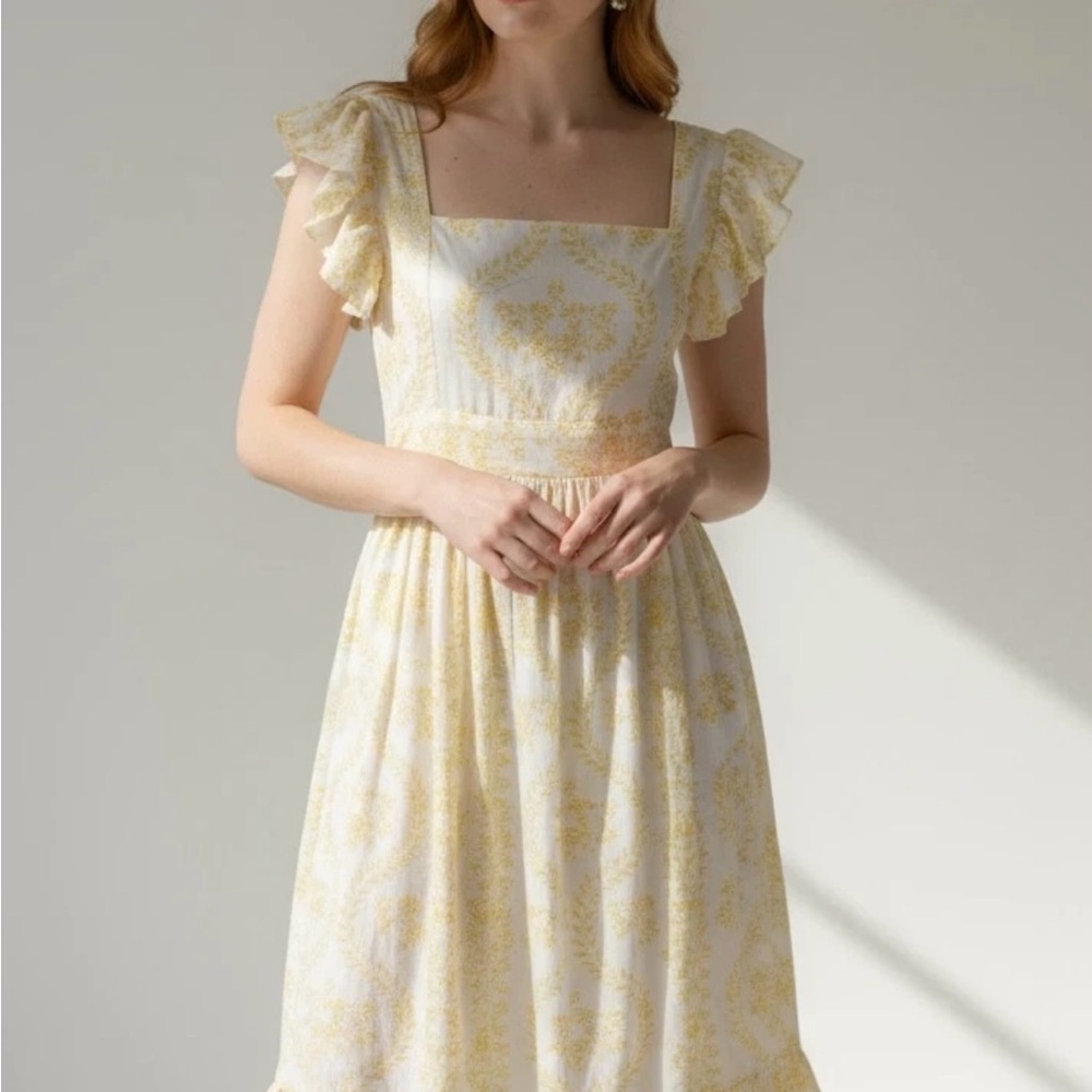 Yellow Floral Cottagecore Midi Dress Ruffle Sleeve Praire Summer Sundress